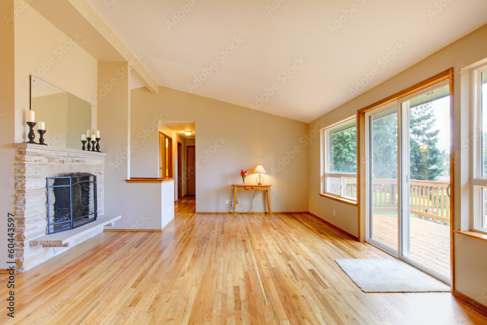 Empty living room with a fireplace and glass sliding door Empty living room with a fireplace and glass sliding door