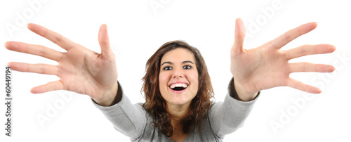 Photos Wide angle view of a woman trying to reach