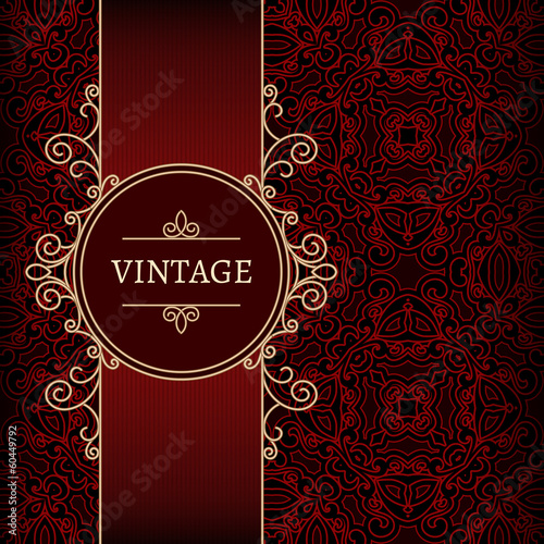 Ornamental gold label over red pattern, vintage background