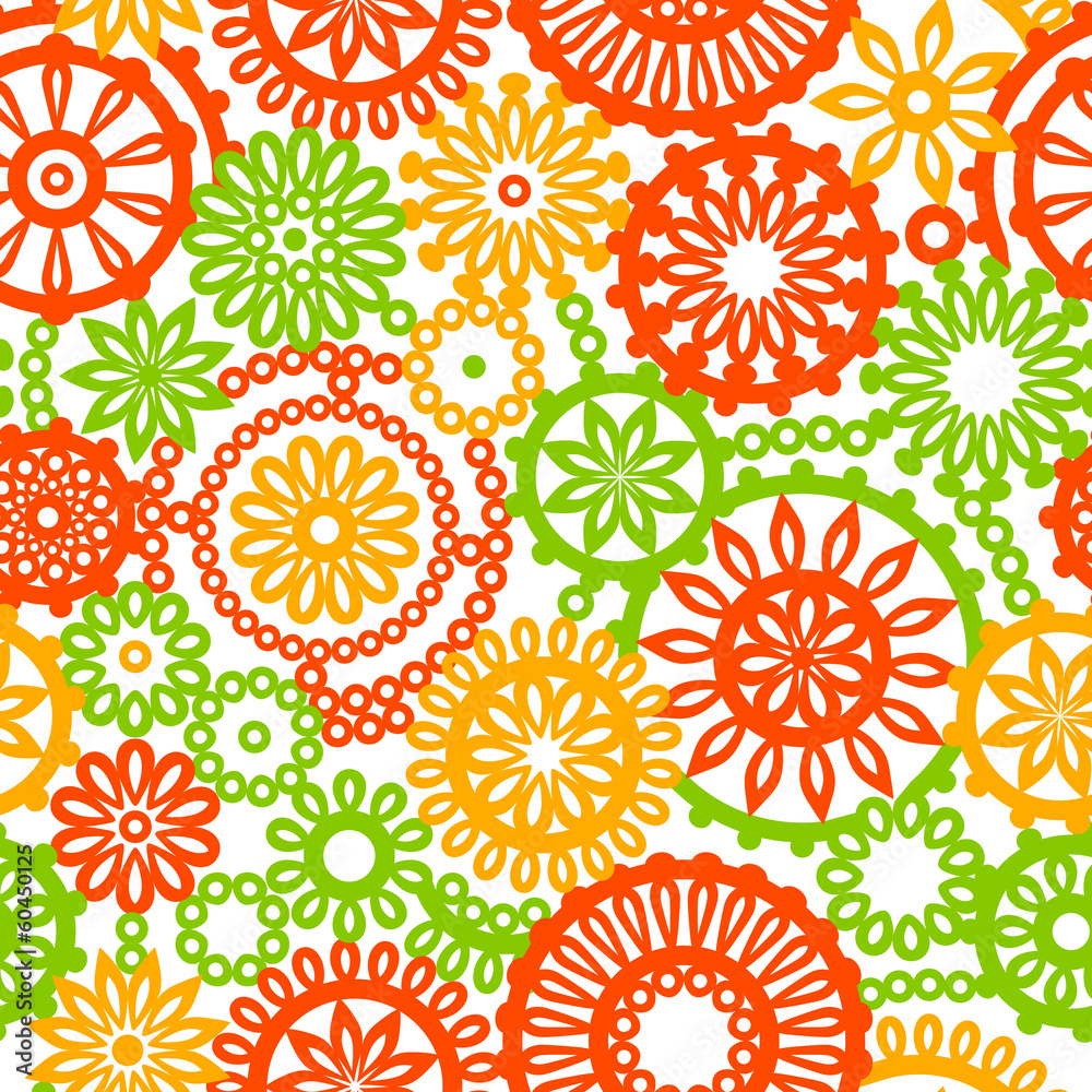 Filigree floral seamless pattern in orange green yellow white