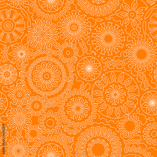 Filigree floral seamless pattern in orange and white, vector