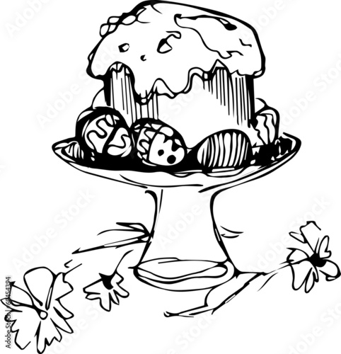 Easter cake with eggs and flowers in a vase