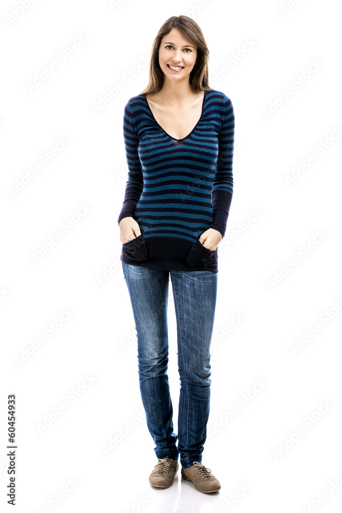 Beautiful woman smiling and standing over a white background Beautiful woman smiling and standing over a white background