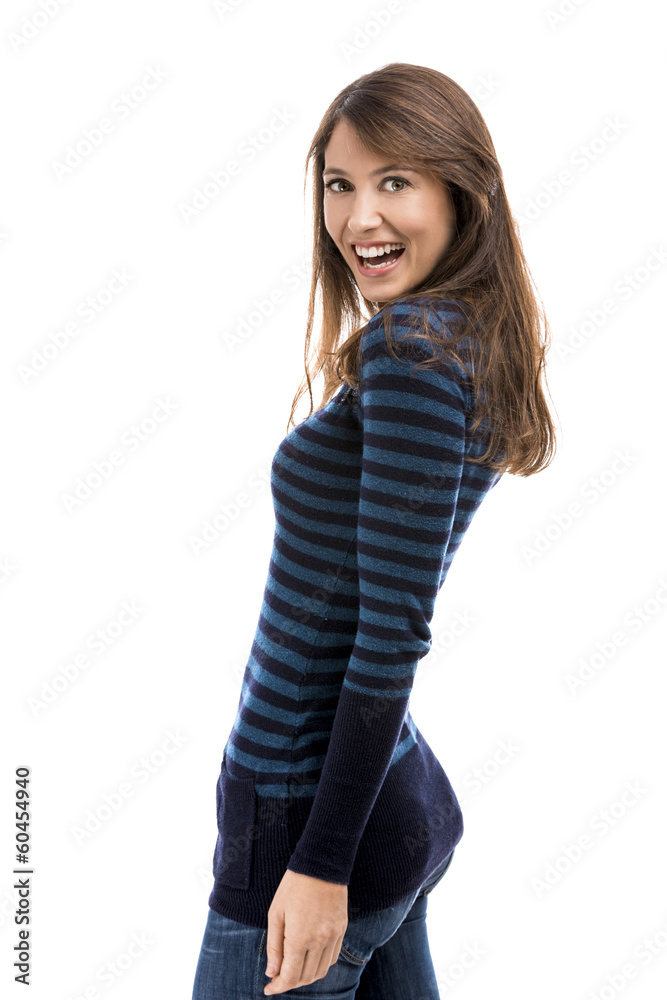 Beautiful and happy woman smiling over a white background Beautiful and happy woman smiling over a white background