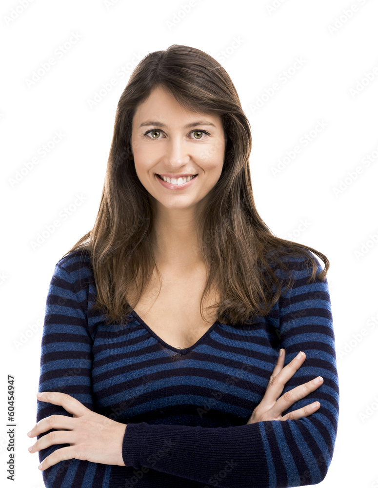 Beautiful and happy woman smiling over a white background Beautiful and happy woman smiling over a white background
