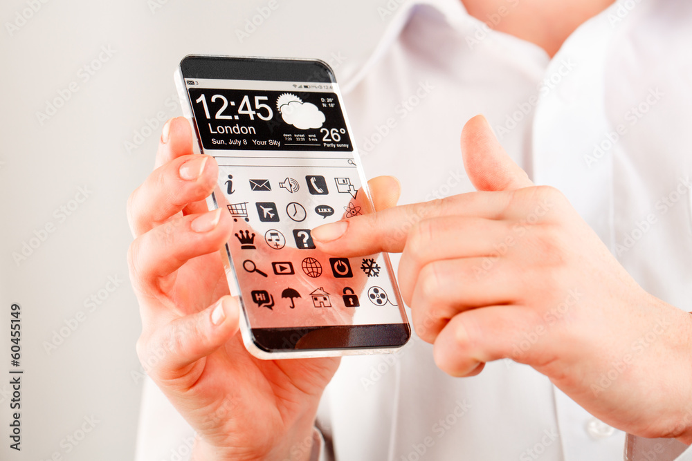 Smartphone with transparent screen in human hands. Smartphone with transparent screen in human hands.