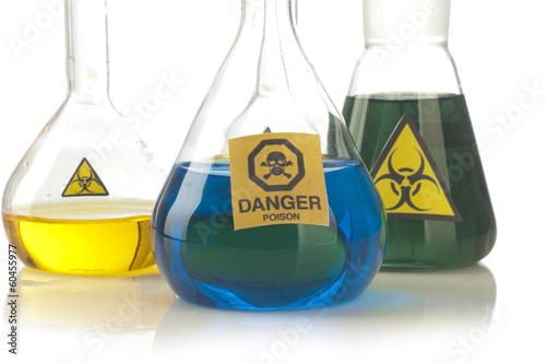 Glass laboratory equipment with symbol biohazard and danger