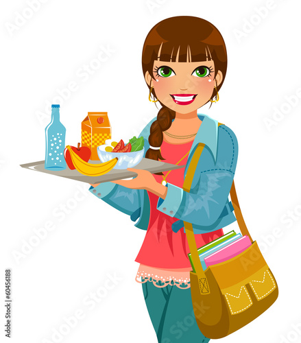 girl holding a tray with lunch