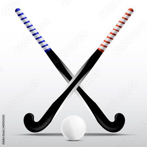 Two sticks for field hockey and ball on a white background