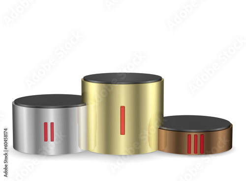 Cylindrical pedestal of gold, silver and bronze. Front view