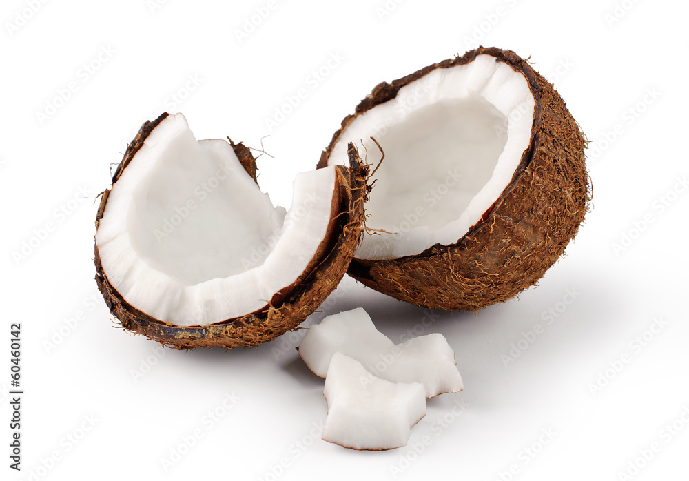 Coconut on a white background. Parts of coconut Coconut on a white background. Parts of coconut
