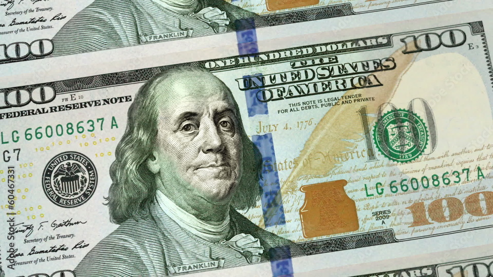 New 100 dollars bill from close-up to sheet