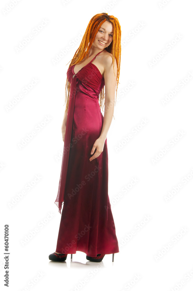 A beautiful red haired woman in red dress
