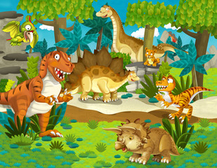 Poster Dinosaurus Vrolijke dinosaurussen in kleurrijk landschap  © honeyflavour