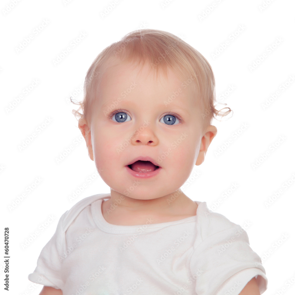 Adorable blonde baby in underwear smiling