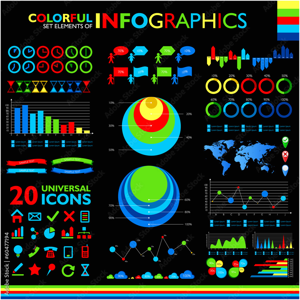 Colorful infographics set on black background and icons set.