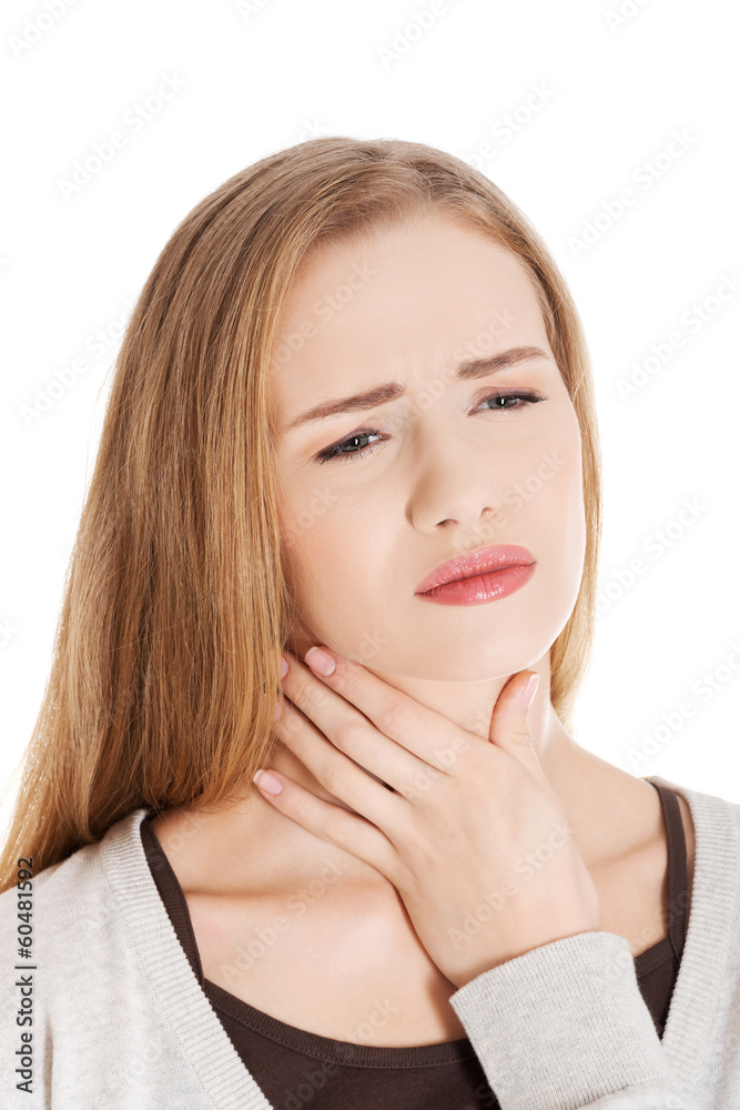 Beautiful casual woman is having sore throat. Beautiful casual woman is having sore throat.
