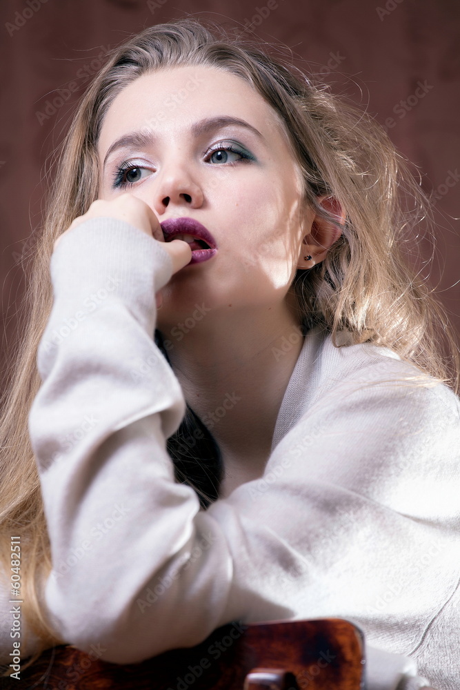 Beauty shy girl in wool cardigan Beauty shy girl in wool cardigan