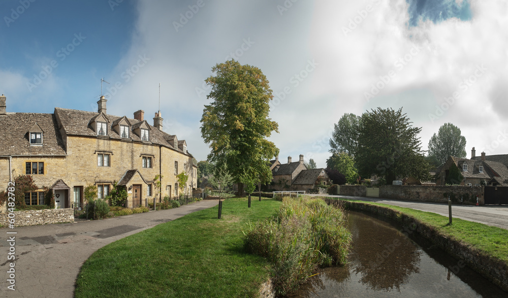 View of stream through a street in the Cotswold, England