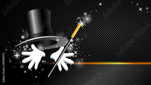 background with top hat, magic wand and hand