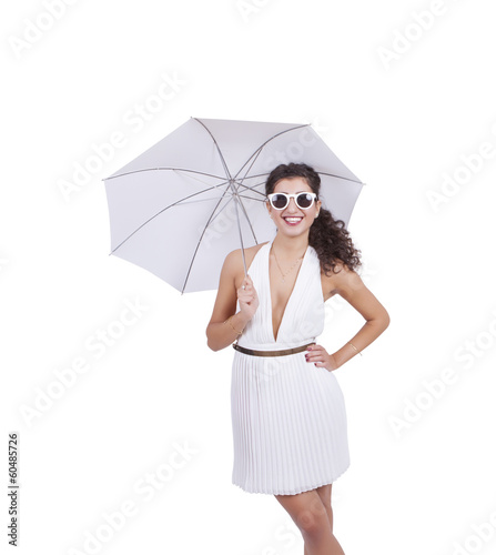 Attractive young woman with umbrella posing against white