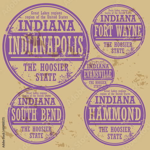 Grunge rubber stamp set with names of Indiana cities