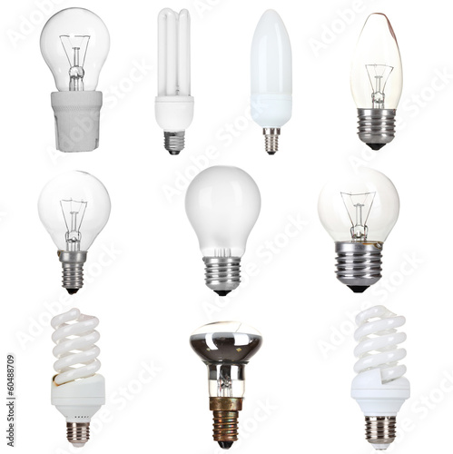 Collage of light bulbs isolated on white