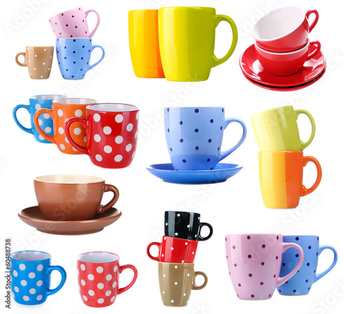 Collage of colorful cups isolated on white