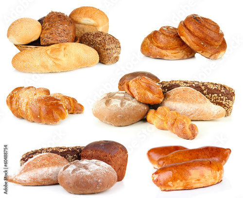 Collage of various bread isolated on white