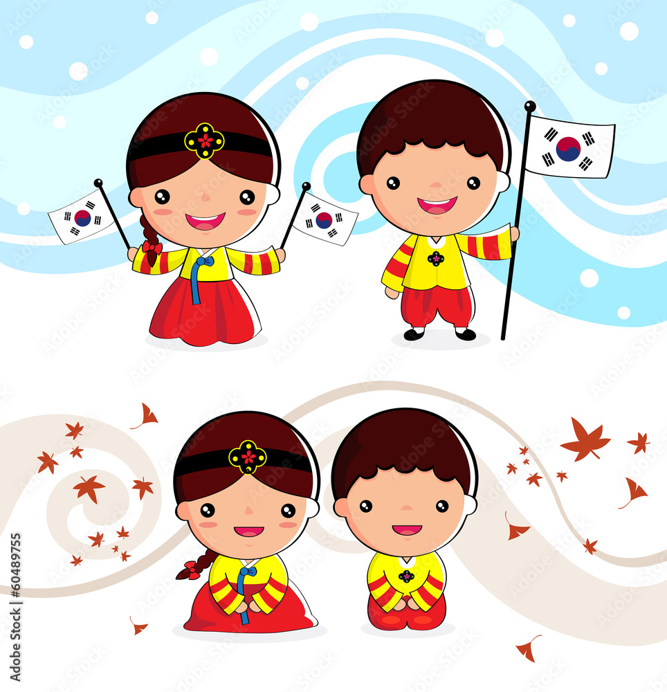 Korean traditional costume Boys and girls, cartoon, asian Stock Vector |  Adobe Stock
