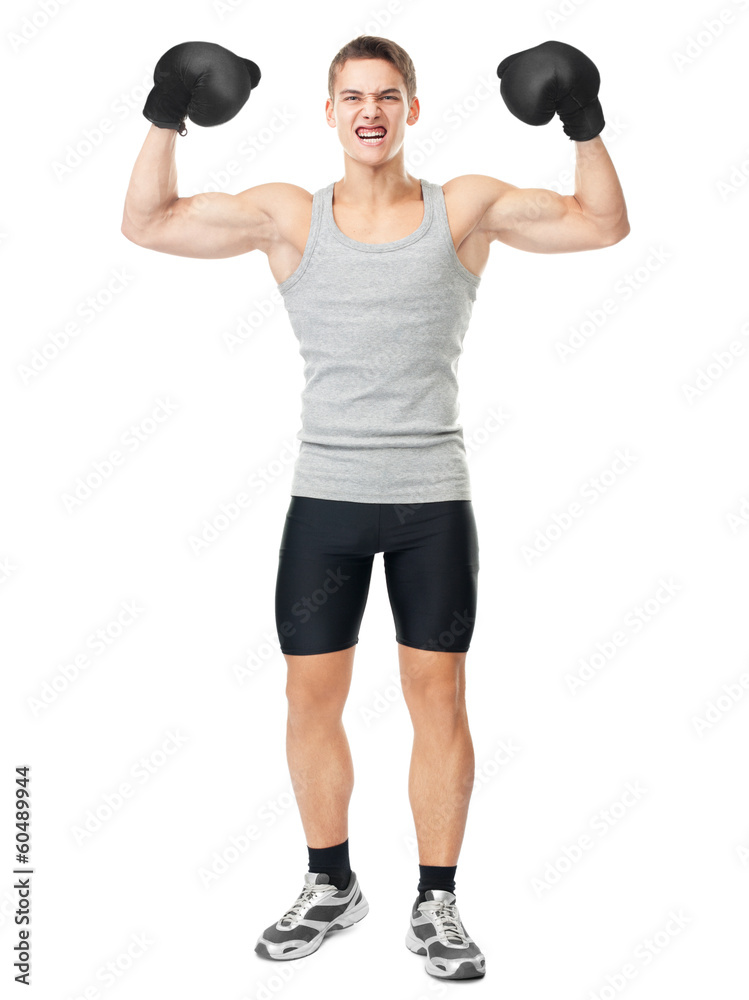 Angry fighter showing biceps Angry fighter showing biceps