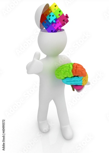 3d people - man with half head, brain and trumb up. Idea concept photo