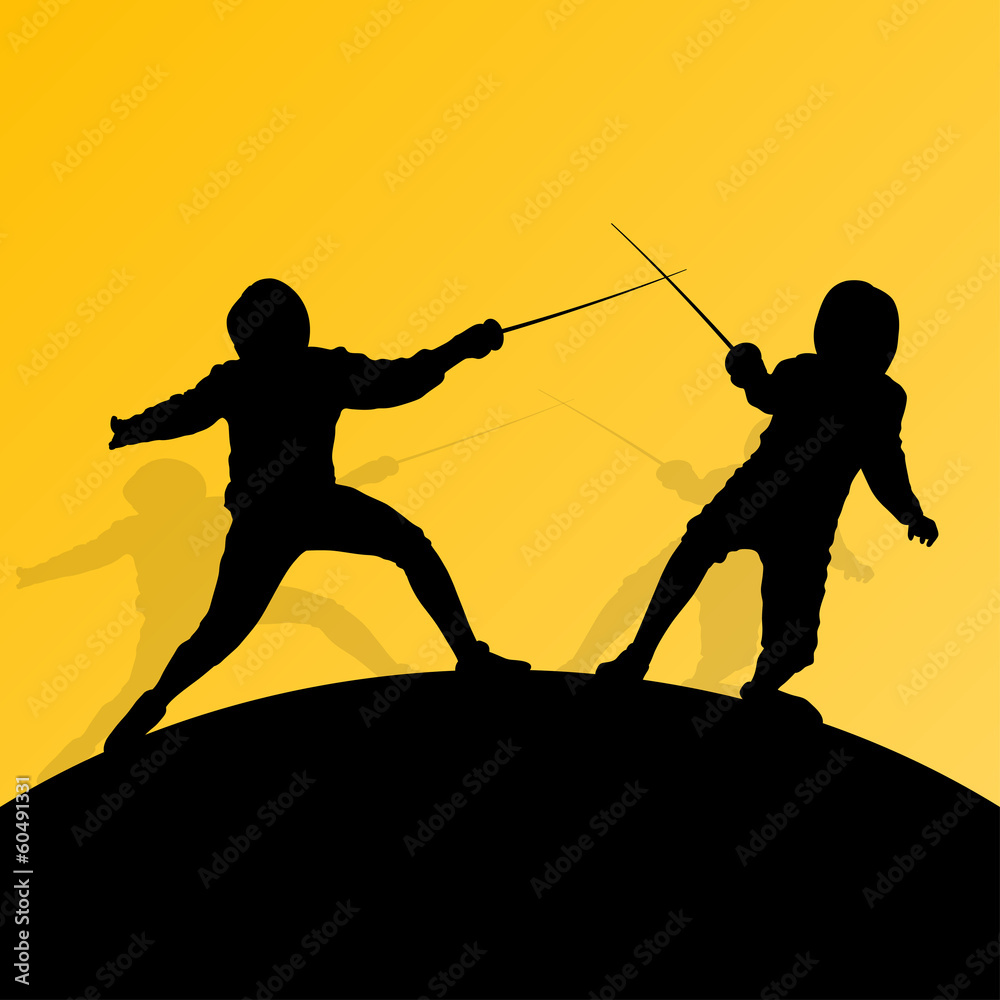 Fencing active young teenager sword fighting sport silhouettes v