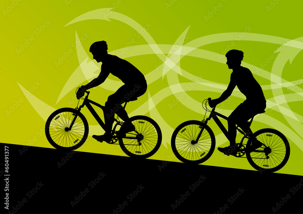 Active man and woman cyclists bicycle riders in abstract arrow l Active man and woman cyclists bicycle riders in abstract arrow l