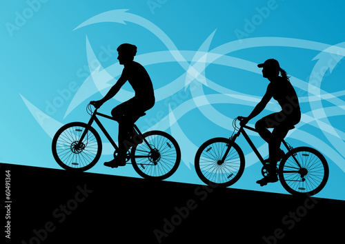 Active man and woman cyclists bicycle riders in abstract arrow l