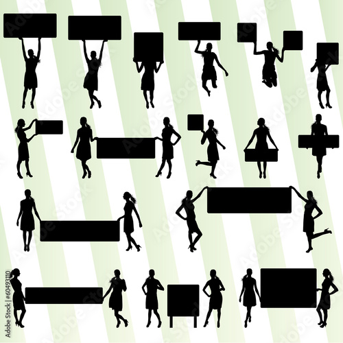 Woman hold blank board, empty banner vector background concept s