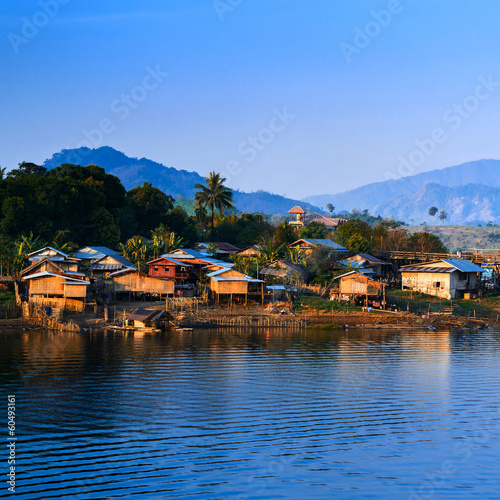 The longest wooden bridge and floating Town in Sangklaburi Kanch photo