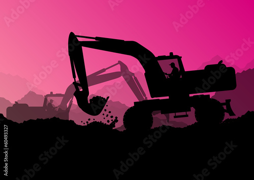 Excavator bulldozer loaders, tractors and workers digging at ind