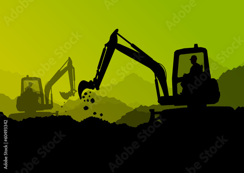 Excavator bulldozer loaders, tractors and workers digging at ind