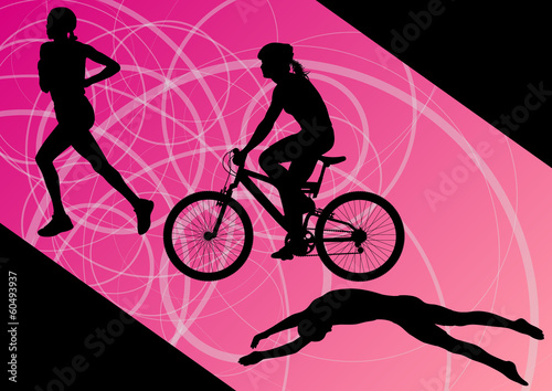Triathlon marathon active young women swimming cycling and runni