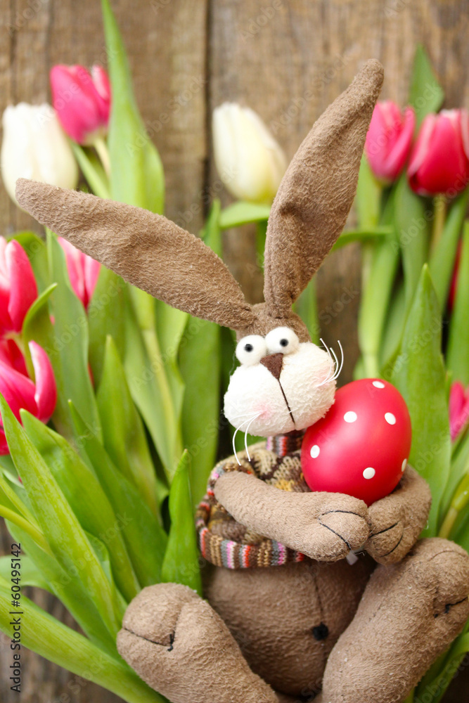 Fototapeta premium Osterhase hält ein Osterei