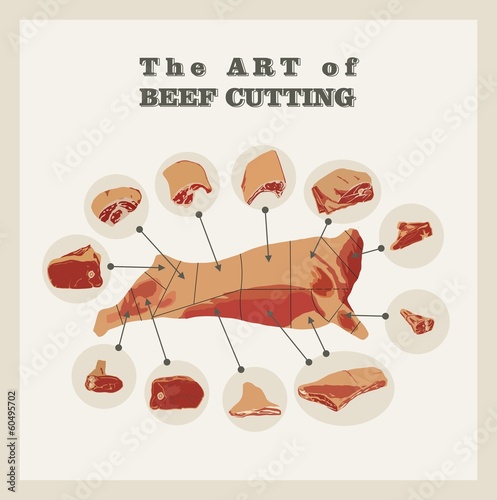 Retro poster "The art  of beef cutting".  Flat design.