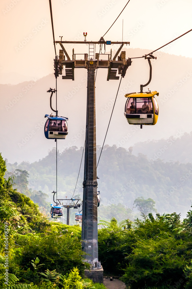 Aerial tramway moving up in tropical jungle mountains