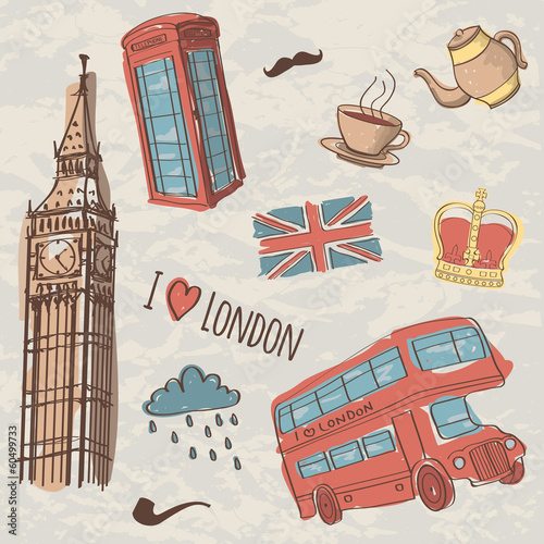 Vector colorful set of hand-drawn London symbols