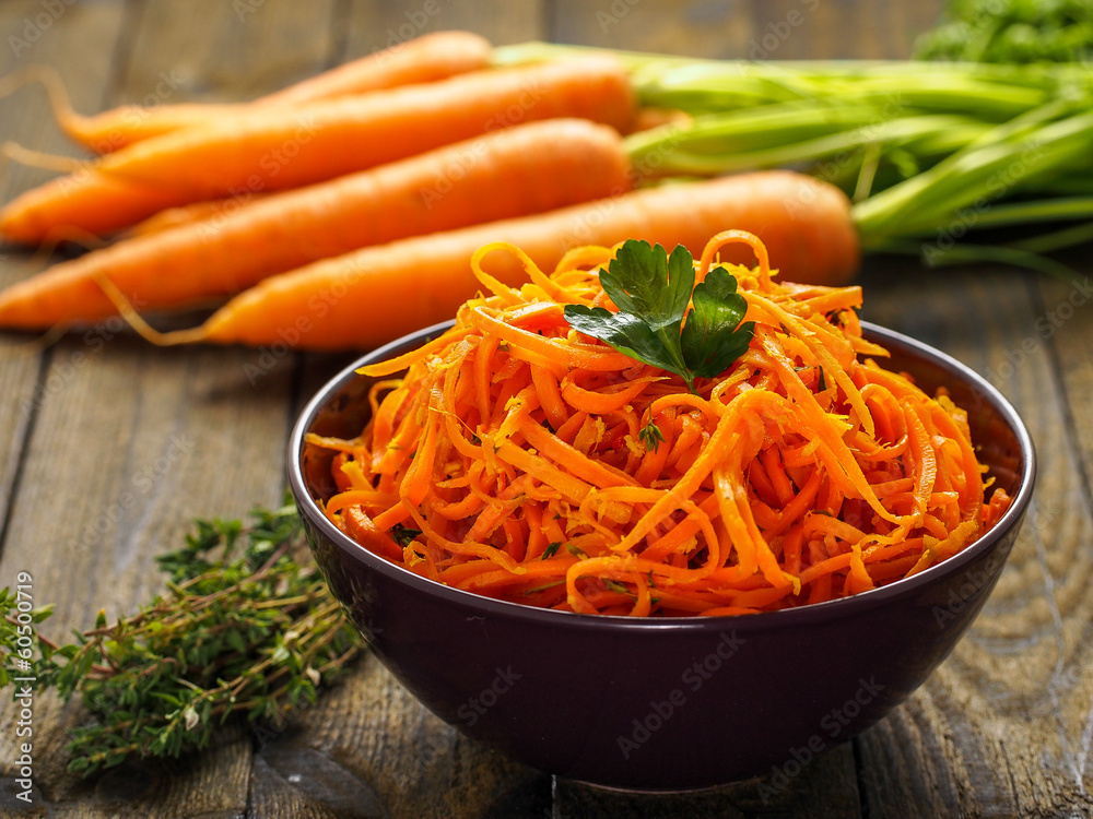Delicious carrot  salad with fresh herbs - obrazy, fototapety, plakaty 