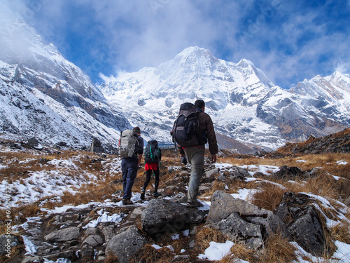 Trekkers walking to Annapurna Sanctuary, Himalayas, Nepal
