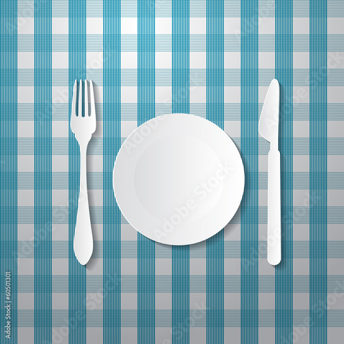 Fork, Plate and Knife Made from Paper on Blue Tablecloth
