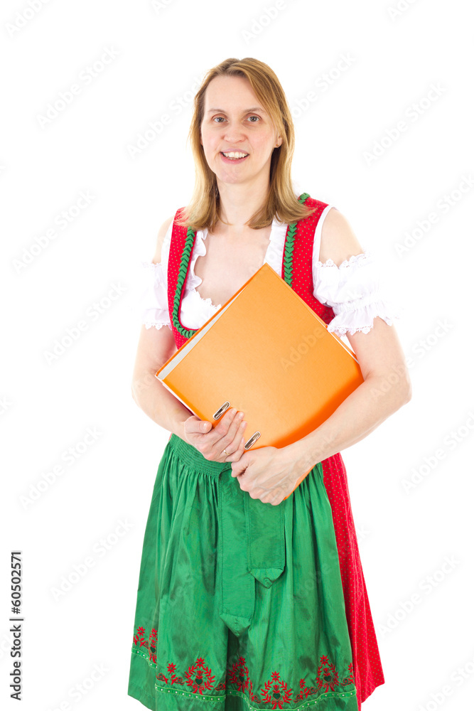 Bavarian waitress with ring binder awaiting next guest Bavarian waitress with ring binder awaiting next guest