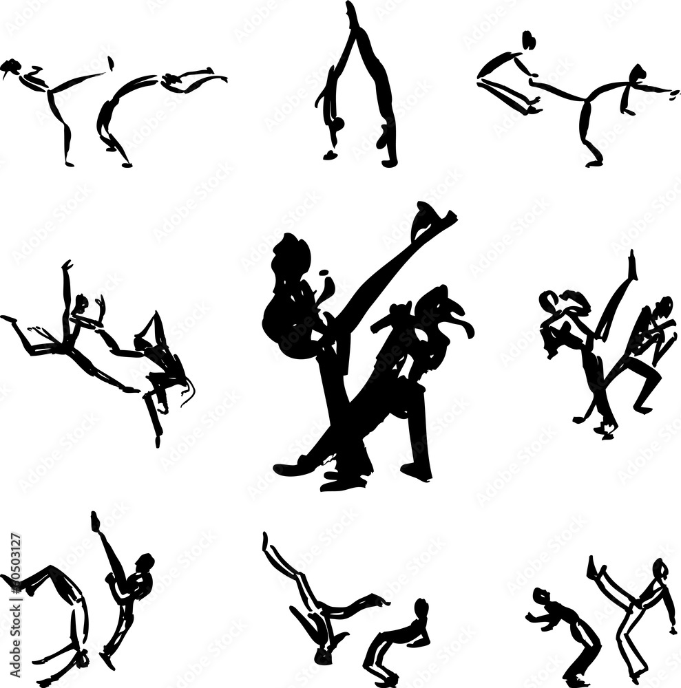 Set of sketched black capoeira fighters.