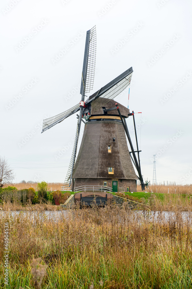 Fototapeta premium Traditional Dutch windmill in winter Kinderdijk. Netherlands.